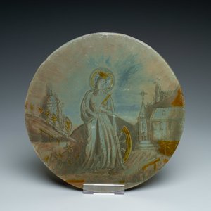 Signed Le Pluy, Lille: two grisaille and silver yellow painted glass roundels with Saint Catharine and Saint Barbara, 19/20th C. — photo 7
