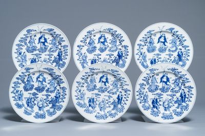Six assiettes en porcelaine de Chine bleu et blanc à décor des 'Huit Immortels', marques de Xuande, 19ème