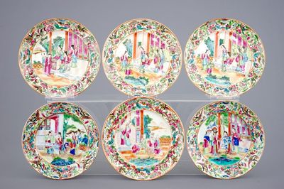 Six assiettes en porcelaine de Chine de Canton, famille rose, 19ème
