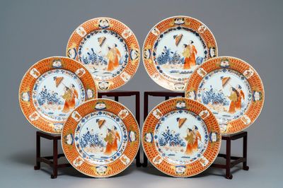 Six assiettes en porcelaine de Chine de style Imari à décor 'Dames au Parasol', Qianlong, ca. 1736-1738