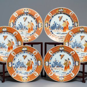 Six assiettes en porcelaine de Chine de style Imari à décor 'Dames au Parasol', Qianlong, ca. 1736-1738 — photo 1