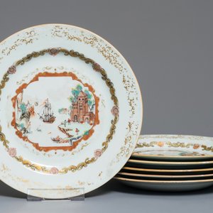 Six assiettes en porcelaine de Chine de style Meissen à décor de scènes de port, Qianlong — photo 1
