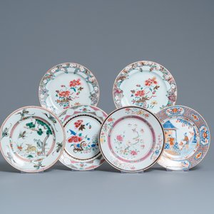 Six assiettes en porcelaine de Chine famille rose, verte et de style Imari, Kangxi/Qianlong — photo 1