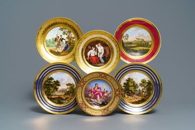 Six assiettes en porcelaine dorée, origines diverses, 18/19ème