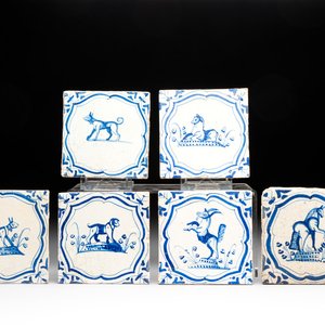Six blue and white Dutch Delft 'accolades borders' 'animals' tiles, 17th C. — 照片 1