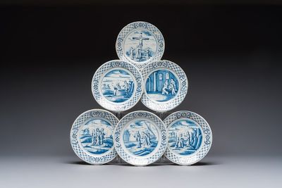 Six blue and white Dutch Delft 'Biblical Subject' plates, probably Friesland, Makkum, 18th C.