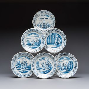 Six blue and white Dutch Delft 'Biblical Subject' plates, probably Friesland, Makkum, 18th C. — 照片 1