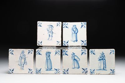 Six blue and white Dutch Delft 'figure' tiles, 17th C.