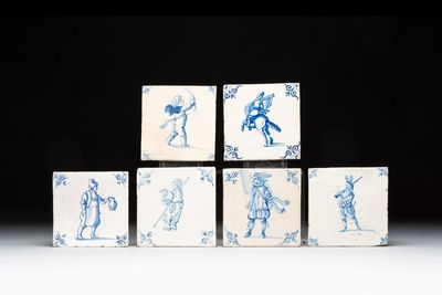 Six blue and white Dutch Delft 'figure' tiles , 17th C.