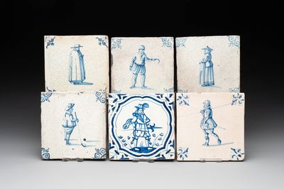 Six blue and white Dutch Delft tiles with large figures, 17th C.