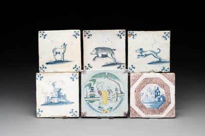 Six blue, white and polychrome Delftware tiles, The Netherlands/Germany, 17/18th C.
