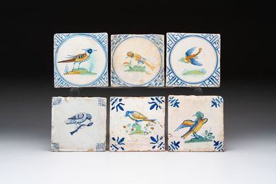 Six blue, white and polychrome Dutch Delft 'bird' tiles, 17th C.
