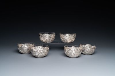 Six bols ajourés en argent à décor de bambou aux intérieurs en verre, Chine, 19/20ème