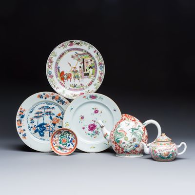 Six Chinese and French famille rose, verte and Imari-style wares, 18/19th C.