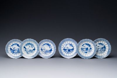 Six Chinese blue and white 'acupuncture' saucers, Kangxi