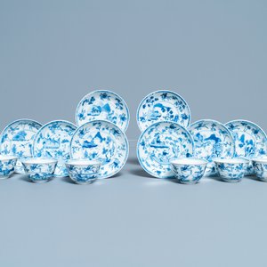 Six Chinese blue and white cups and eight saucers with horseriders, Kangxi — 照片 1