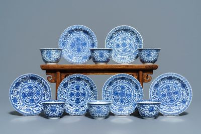 Six Chinese blue and white cups and saucers with floral design, Kangxi