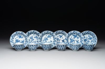 Six Chinese blue and white cups and saucers with floral design, Kangxi