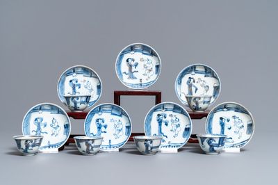 Six Chinese blue and white cups and seven saucers with gilded design, Kangxi/Yongzheng
