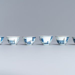 Six Chinese blue and white cups and seven saucers with gilded design, Kangxi/Yongzheng — 照片 5