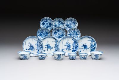 Six Chinese blue and white cups and ten saucers, Kangxi