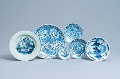 Six Chinese blue and white dishes, Wanli and later
