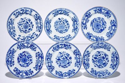 Six Chinese blue and white export porcelain “Pompadour” plates, Qianlong