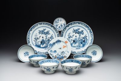 Six Chinese blue and white 'floral' bowls, a pair of dishes, a saucer and an iron-red-decorated plate, Qianlong