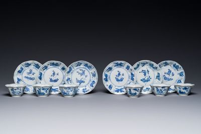Six Chinese blue and white flower-shaped 'sanduo' cups and saucers, lingzhi mark, Kangxi