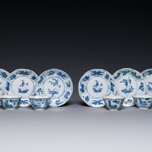 Six Chinese blue and white flower-shaped 'sanduo' cups and saucers, lingzhi mark, Kangxi — 照片 1