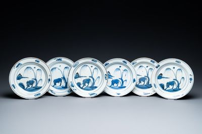 Six Chinese blue and white ko-sometsuke 'ox' plates for the Japanese market, late Ming
