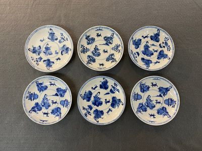 Six Chinese blue and white 'Lady and dog' cups and saucers, Kangxi — photo 1