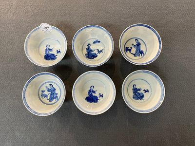 Six Chinese blue and white 'Lady and dog' cups and saucers, Kangxi — photo 3