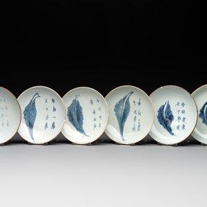 Six Chinese blue and white 'leaf and poem' saucers, Shunzhi — photo 1