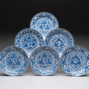 Six Chinese blue and white 'peony scroll' plates, Kangxi — photo 1