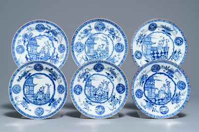 Six Chinese blue and white plates with a boy on a terrace, Kangxi