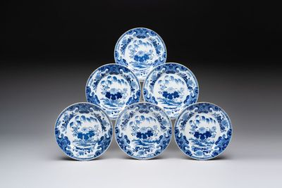 Six Chinese blue and white plates with floral design, Qianlong