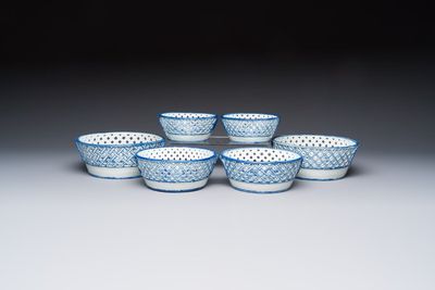 Six Chinese blue and white reticulated baskets with pagodas along a river, Qianlong
