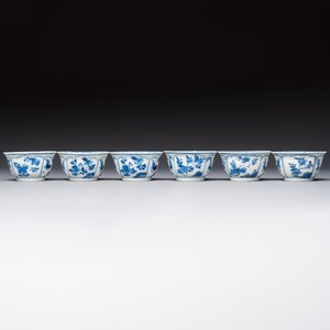 Six Chinese blue and white 'Rooster' cups and saucers, Kangxi — photo 9