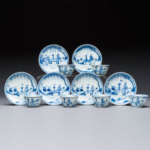 Six Chinese blue and white 'Scholar in a Garden' cups and saucers, Yongzheng — photo 1