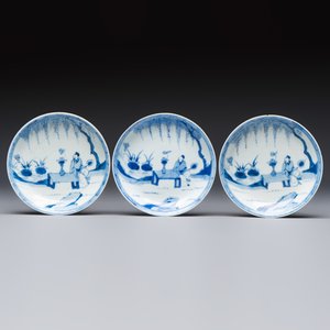 Six Chinese blue and white 'Scholar in a Garden' cups and saucers, Yongzheng — photo 2