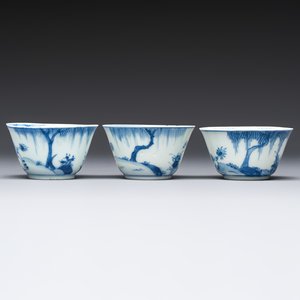 Six Chinese blue and white 'Scholar in a Garden' cups and saucers, Yongzheng — photo 7