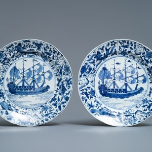 Six Chinese blue and white 'VOC-ship' dishes, Kangxi — 照片 2