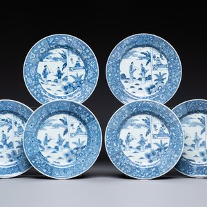 Six Chinese blue and white 'Xi Xiang Ji' plates, Qianlong — 照片 1