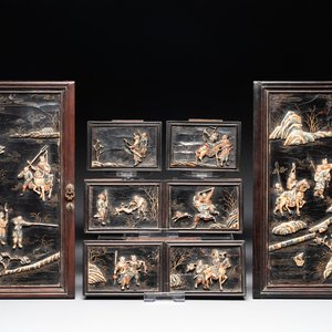 Six Chinese bone-inlaid lacquered wooden furniture panels with hunting scenes, 18/19th C. — photo 1