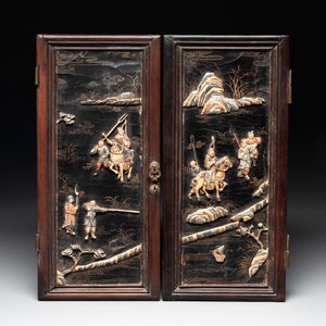 Six Chinese bone-inlaid lacquered wooden furniture panels with hunting scenes, 18/19th C. — photo 2