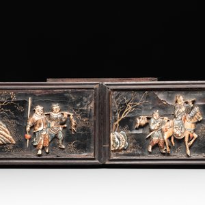 Six Chinese bone-inlaid lacquered wooden furniture panels with hunting scenes, 18/19th C. — photo 4
