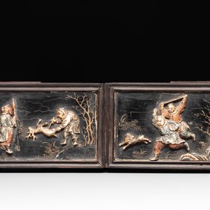Six Chinese bone-inlaid lacquered wooden furniture panels with hunting scenes, 18/19th C. — photo 6