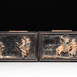 Six Chinese bone-inlaid lacquered wooden furniture panels with hunting scenes, 18/19th C. — photo 8