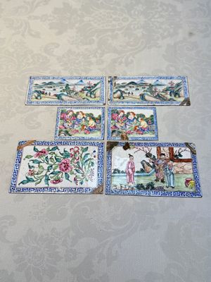 Six Chinese Canton enamel rectangular plaques with landscape, figural, floral and European subject designs, Qianlong — photo 1